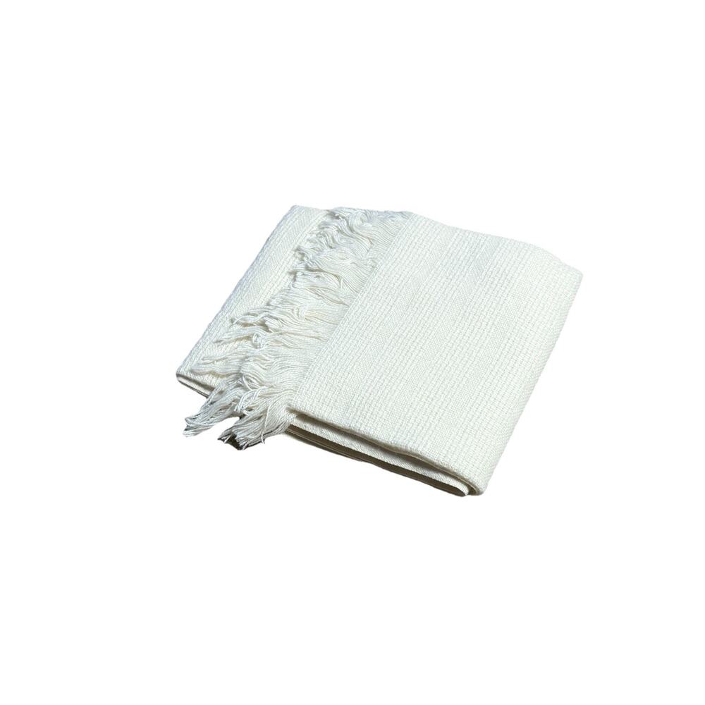 Faribo Vintage Ivory Throw Blanket Wool Blend Off-White Fringe Trim Quilt